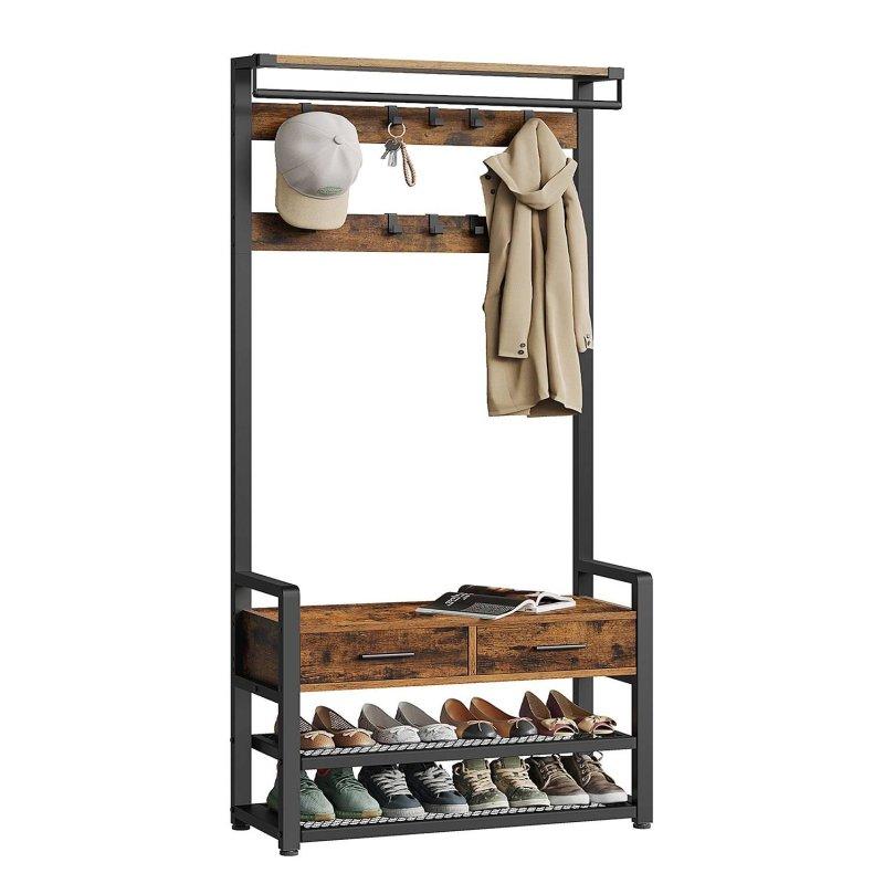 Koyu Kahverengi ve Siyah Suntalam Demir 2 Çekmeceli Portmanto Vestiyer - 80x30x182 cm - 159346