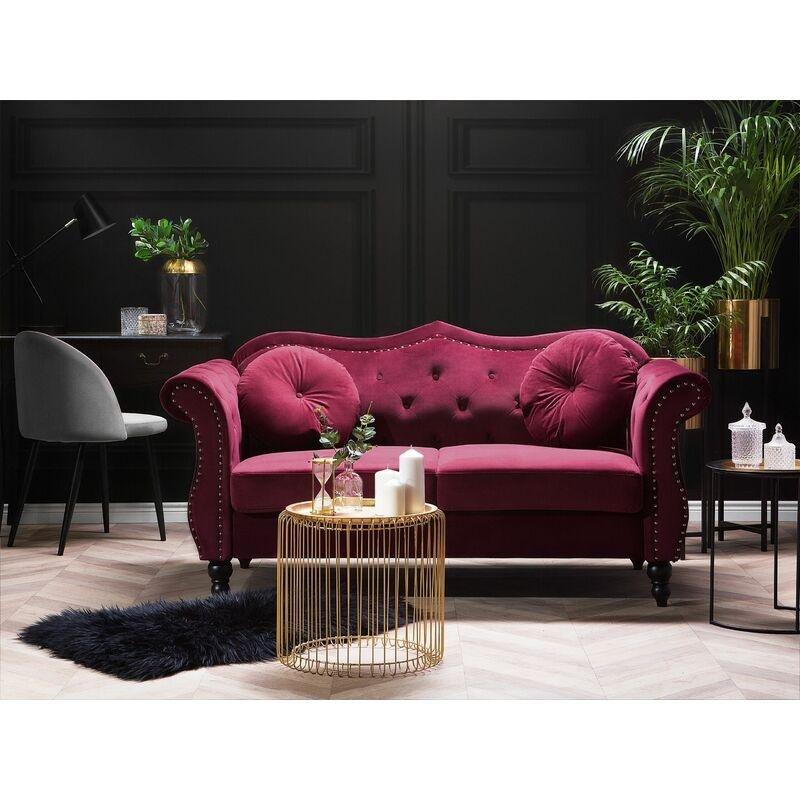 Koyu Kırmızı Kadife Kapitoneli Chesterfield İkili Koltuk - 166 cm - 152683