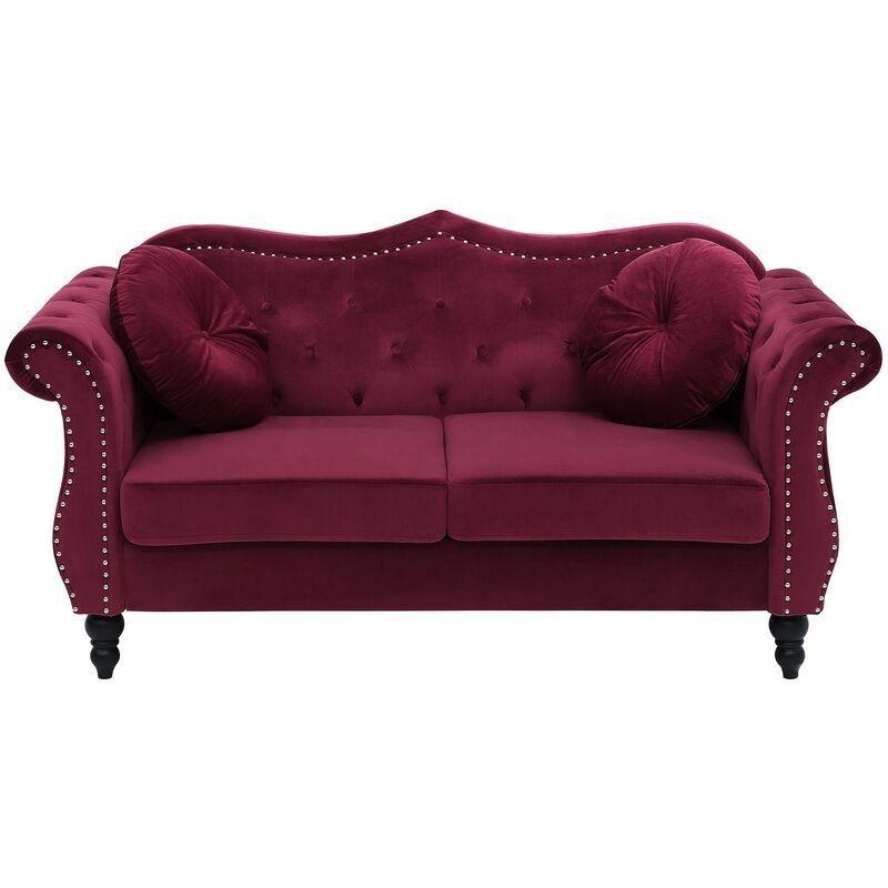 Koyu Kırmızı Kadife Kapitoneli Chesterfield İkili Koltuk - 166 cm - 152683