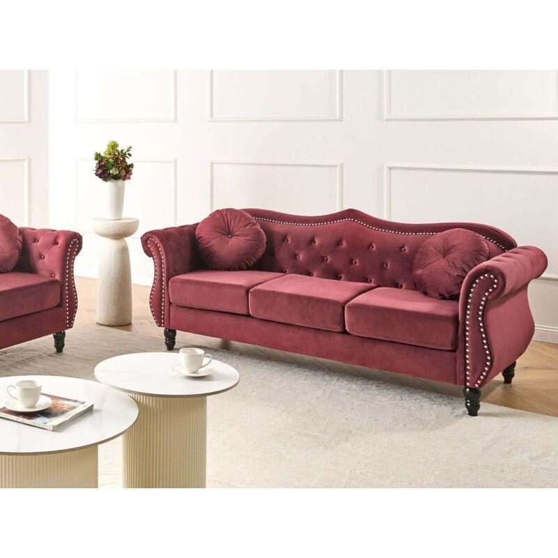Koyu Kırmızı Kadife Kapitoneli Chesterfield Üçlü Koltuk - 204 cm - 153703