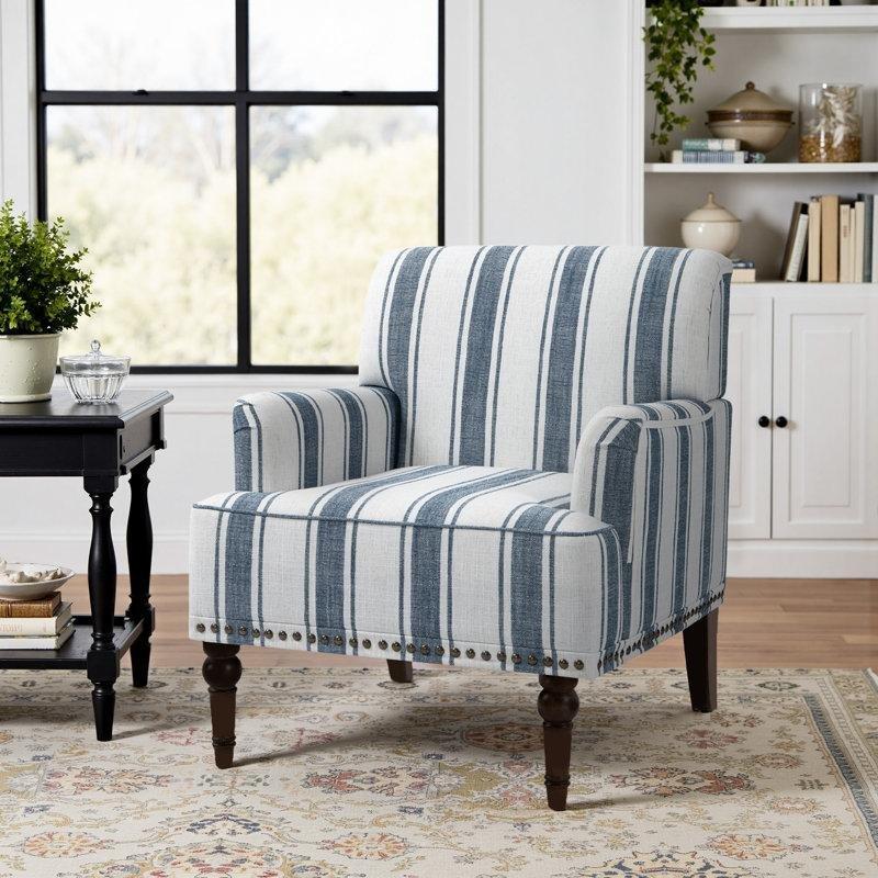 Koyu Mavi Çizgili Keten Kumaş Zımba Detaylı Masif Ahşap Ayaklı Berjer Koltuk - 156709