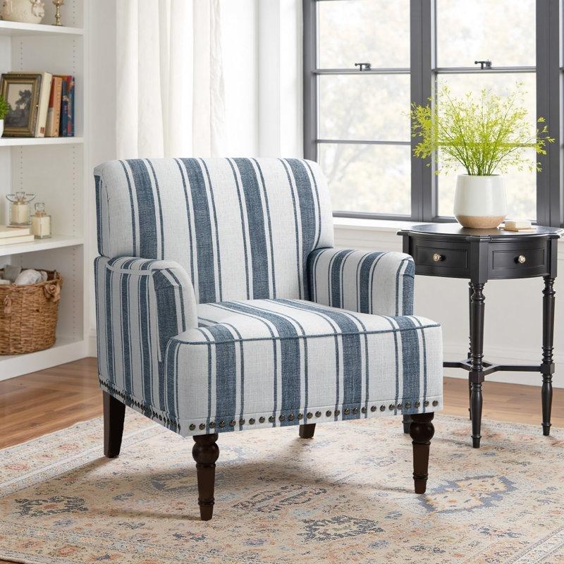 Koyu Mavi Çizgili Keten Kumaş Zımba Detaylı Masif Ahşap Ayaklı Berjer Koltuk - 156709