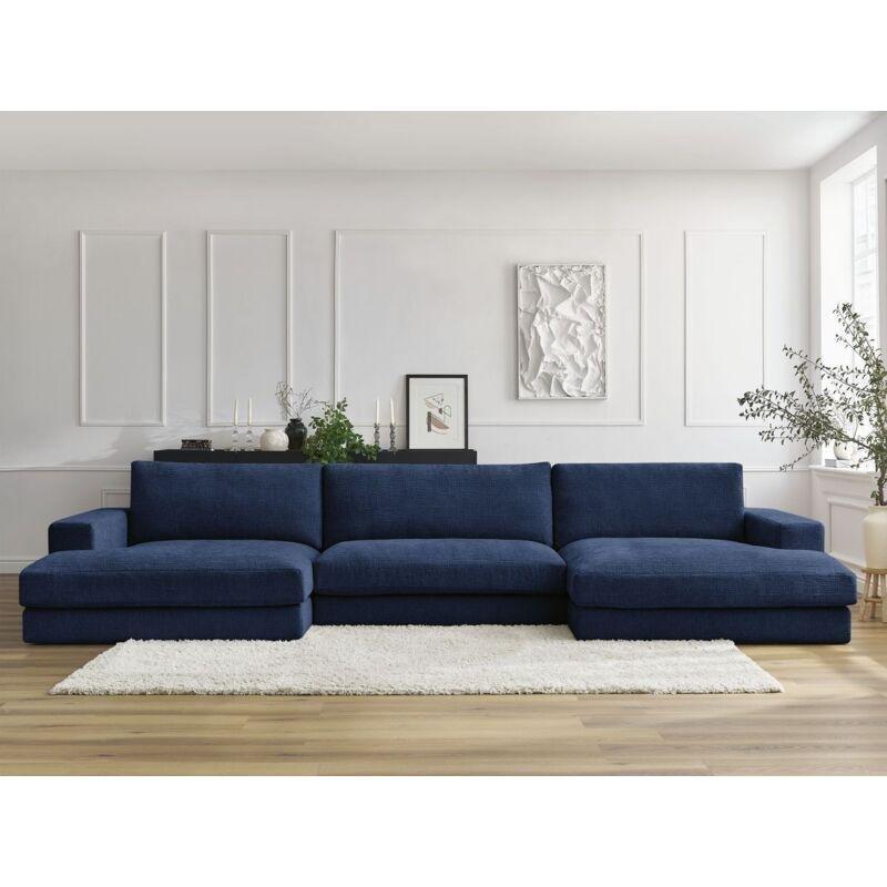 Koyu Mavi Dokulu Kumaş Ahşap İskeletli 6 Kişilik Sabit Panoramik Koltuk - 349 cm - 153947