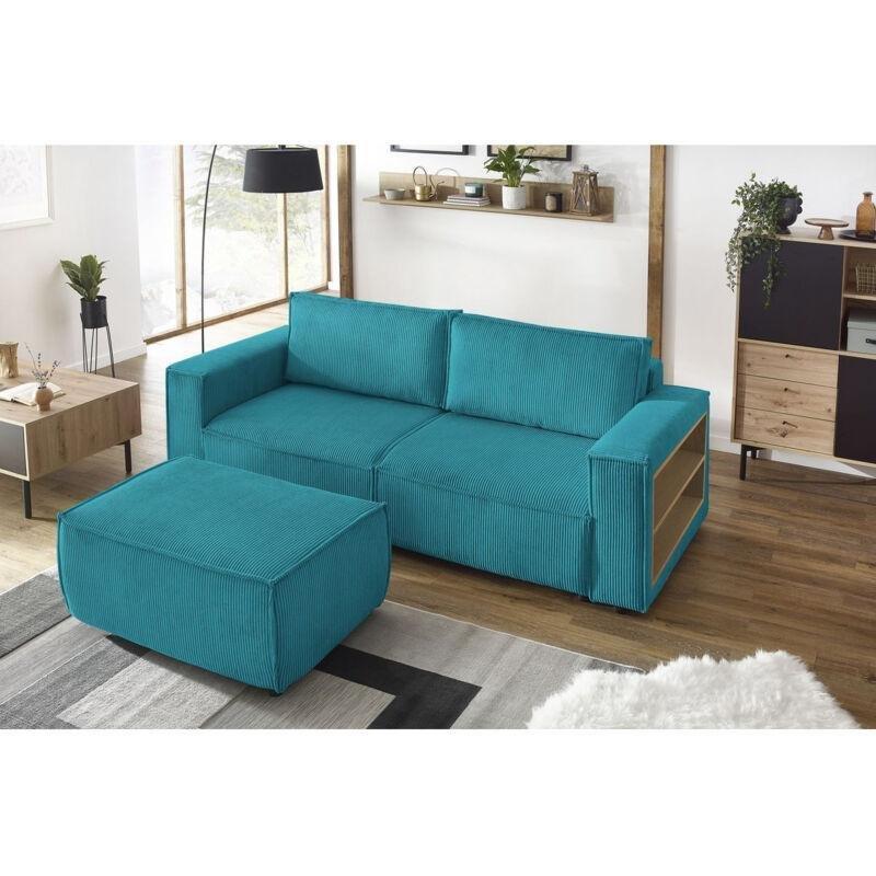 Koyu Mavi Fitilli Kadife Yataklı Sandıklı Raflı Puflu Koltuk - 245 cm - 153497