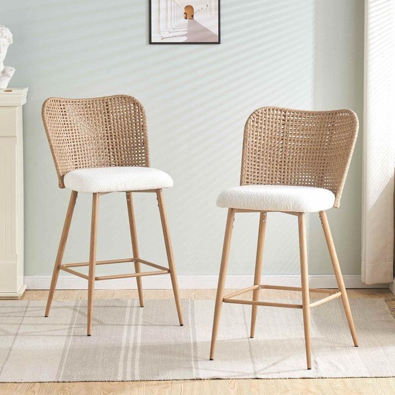 Krem Beyaz Bukle Kumaş Döşemeli Metal Ayaklı Hasır Bar Sandalyesi 2li Set - 100 cm - 148176