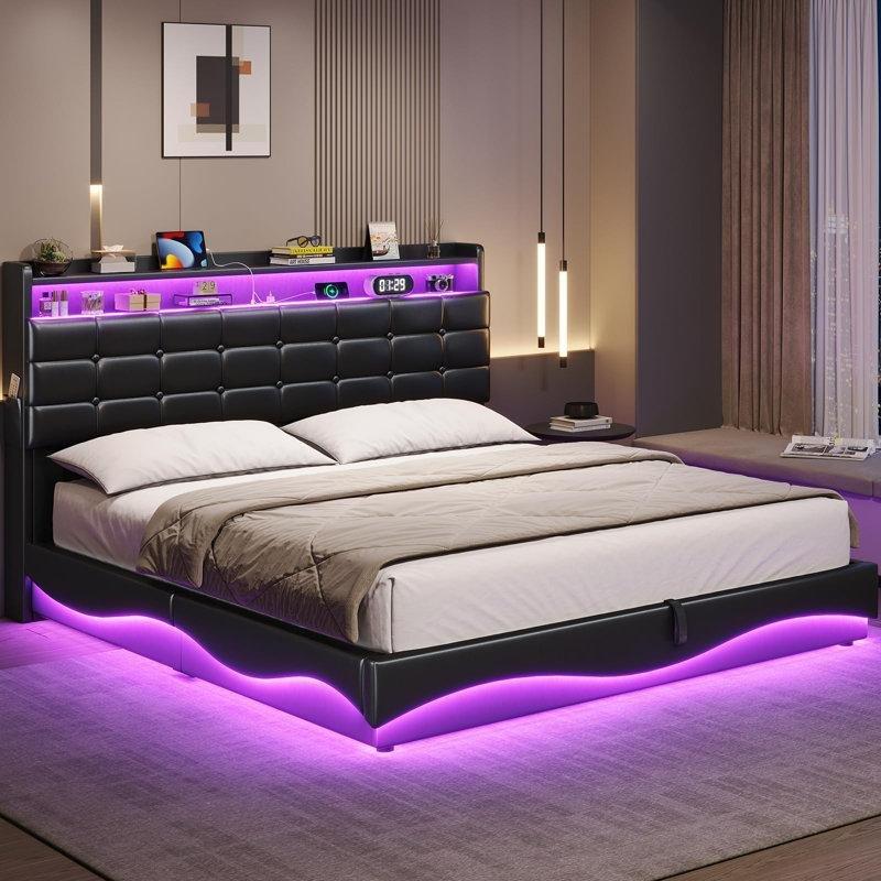 Krem Beyaz Deri Döşemeli LED Işıklı ve Şarj İstasyonlu Hidrolik Bazalı Karyola - 143476