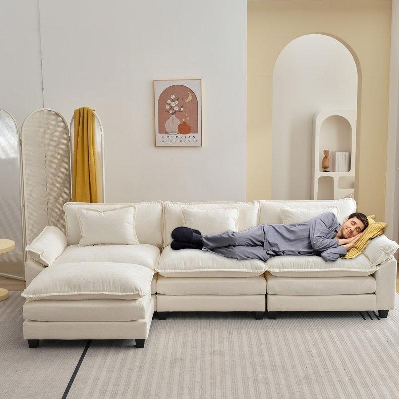 Krem Beyaz Şönil Kumaş Puflu Yataklı Modüler Köşe Koltuk Takımı - 305 cm - 151870