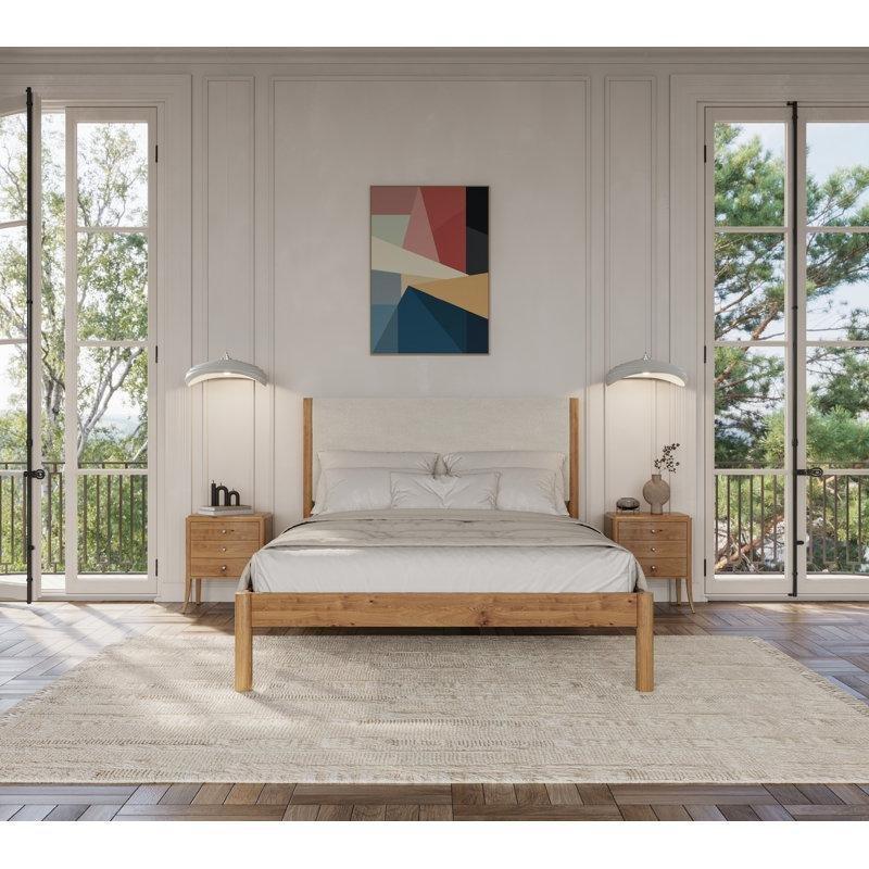 Krem Bukle Döşemeli Başlıklı Doğal Masif Ahşap Karyola - 160x200 cm - 143482