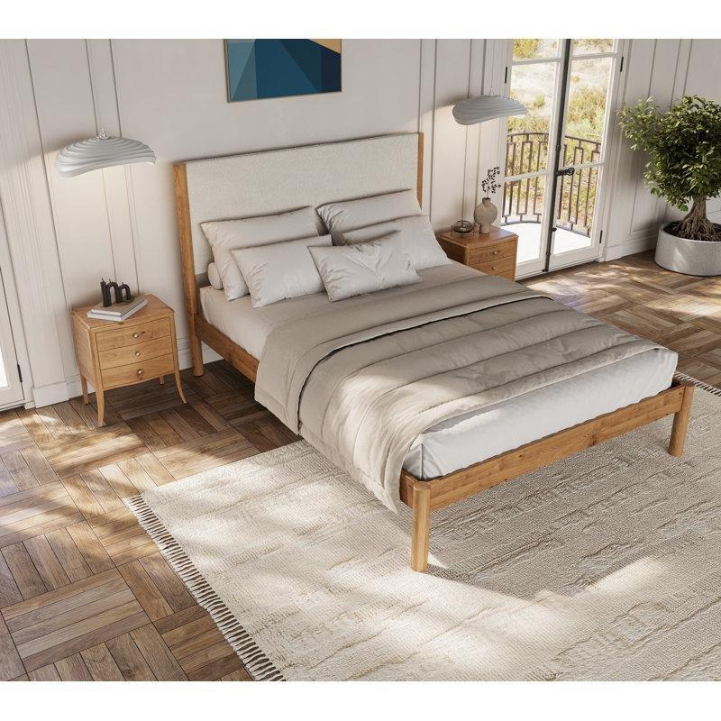 Krem Bukle Döşemeli Başlıklı Doğal Masif Ahşap Karyola - 160x200 cm - 143482