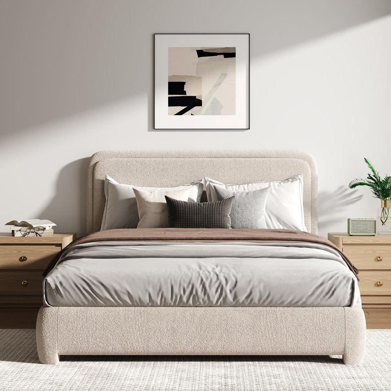 Krem Bukle Kumaş Döşemeli Ahşap Platform Karyola - 153x206 cm - 143569
