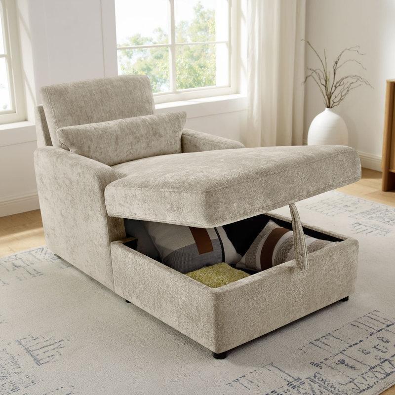 Krem Bukle Kumaş Masif Ahşap Sandıklı Uzanmalı Koltuk - 156370