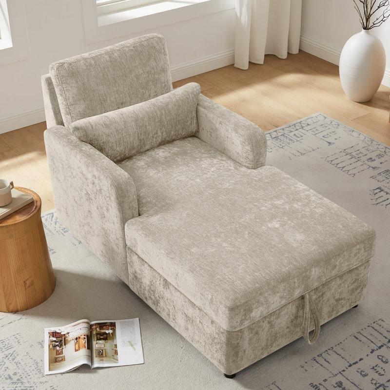 Krem Bukle Kumaş Masif Ahşap Sandıklı Uzanmalı Koltuk - 156370