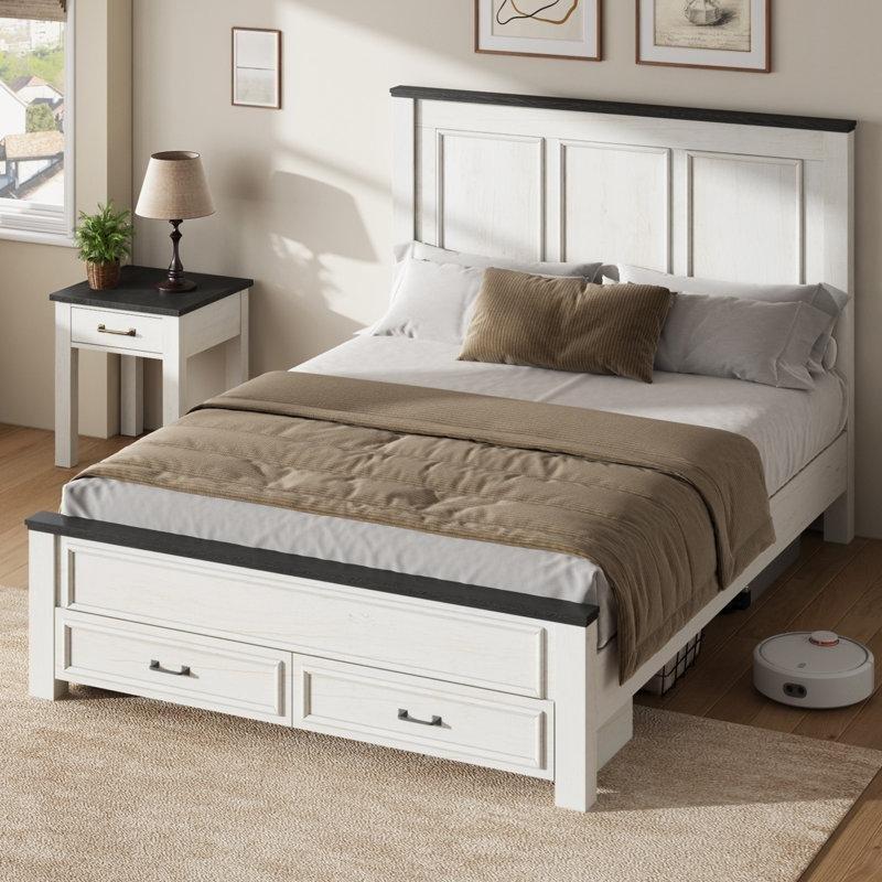 Krem Endüstriyel Ahşap Çekmeceli Yüksek Başlıklı Country Karyola - 156x217 cm - 142231