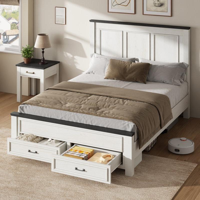 Krem Endüstriyel Ahşap Çekmeceli Yüksek Başlıklı Country Karyola - 156x217 cm - 142231