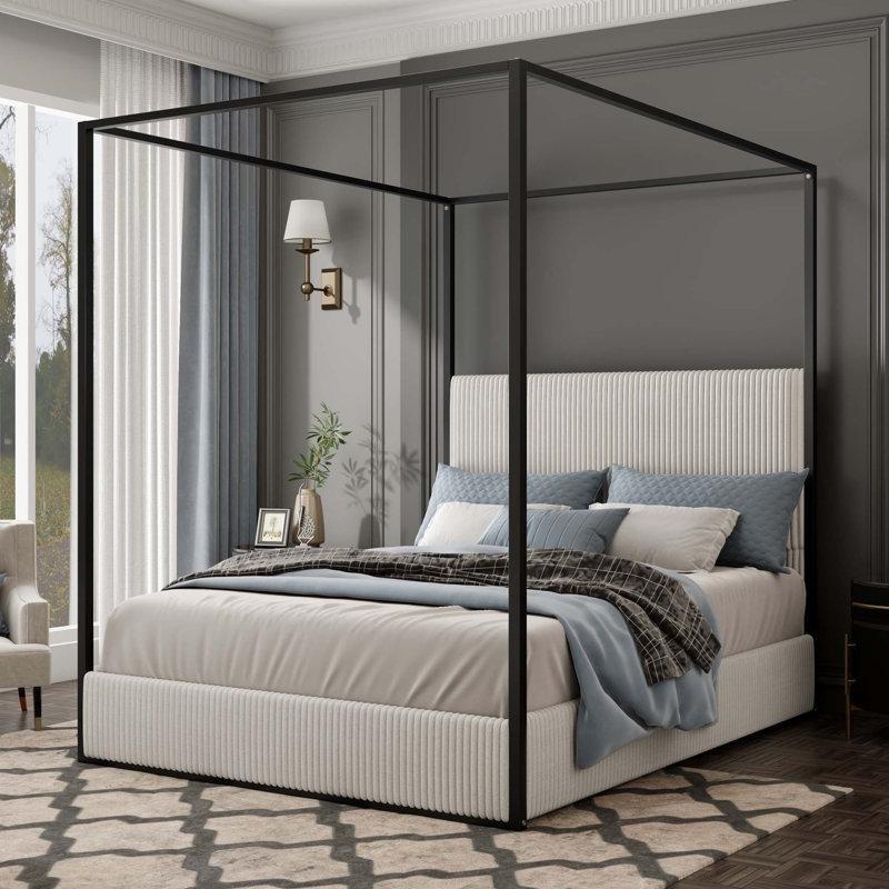 Krem Fitilli Kadife ve Metal Yüksek Başlıklı Gölgelikli Karyola - 161x210 cm - 142480