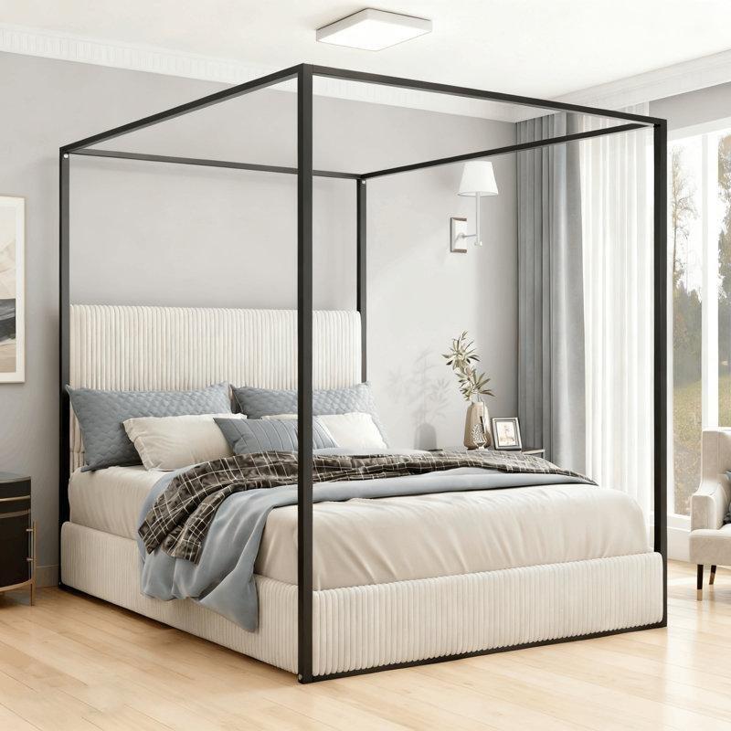 Krem Fitilli Kadife ve Metal Yüksek Başlıklı Gölgelikli Karyola - 161x210 cm - 142480