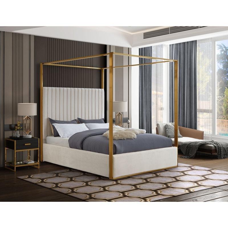 Krem Kadife Fırçalanmış Pirinç Metal İskeletli Derin Kanal Kapitone Cibinlikli Karyola - 210x220 cm - 142468