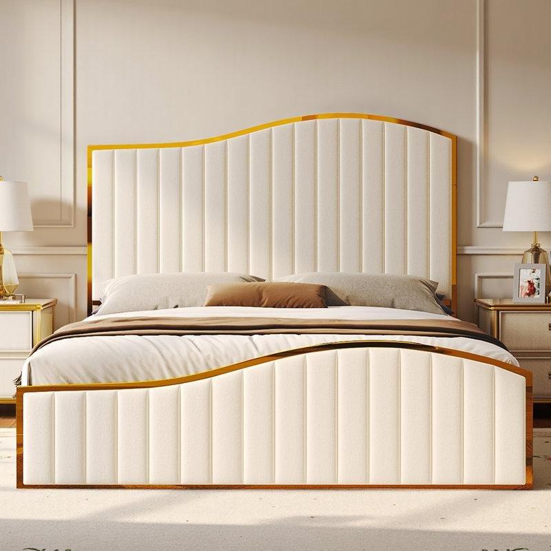 Krem Kadife Kumaş Gold Metal Detaylı Arp Tasarımlı Karyola - 197 cm - 144972
