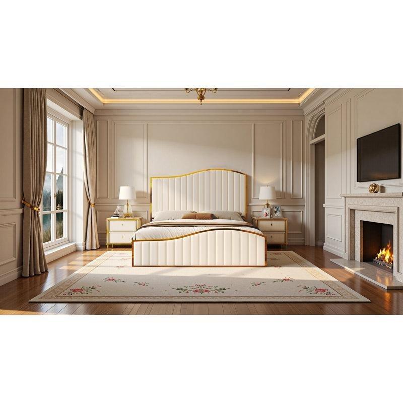 Krem Kadife Kumaş Gold Metal Detaylı Arp Tasarımlı Karyola - 197 cm - 144972