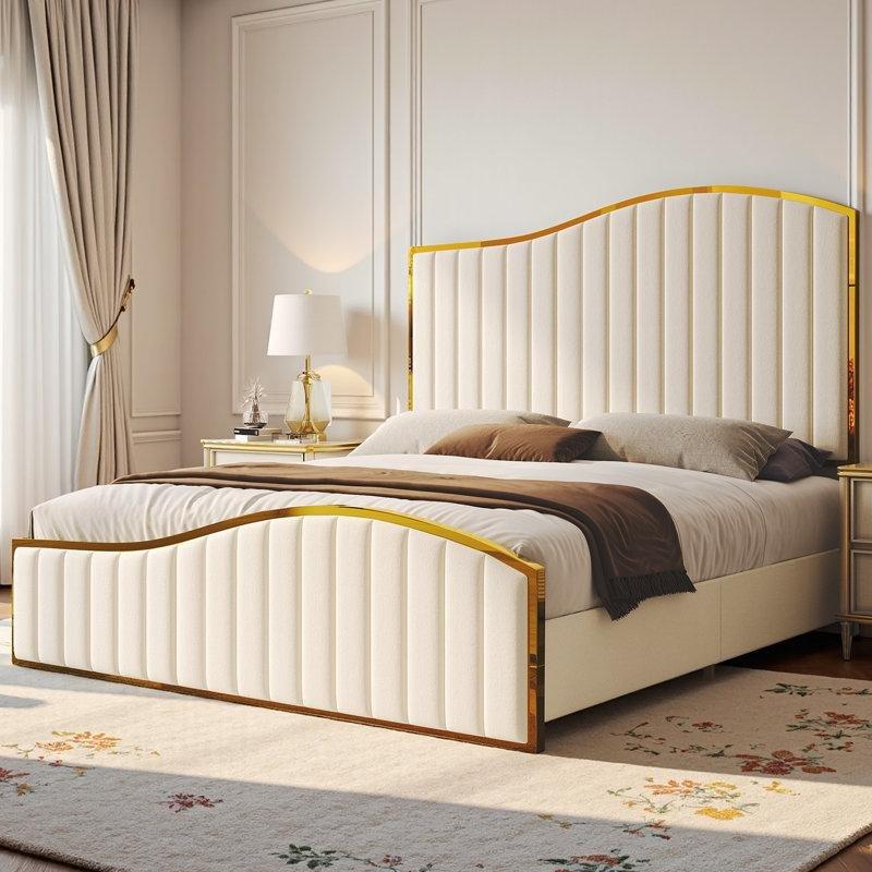 Krem Kadife Kumaş Gold Metal Detaylı Arp Tasarımlı Karyola - 197 cm - 144972