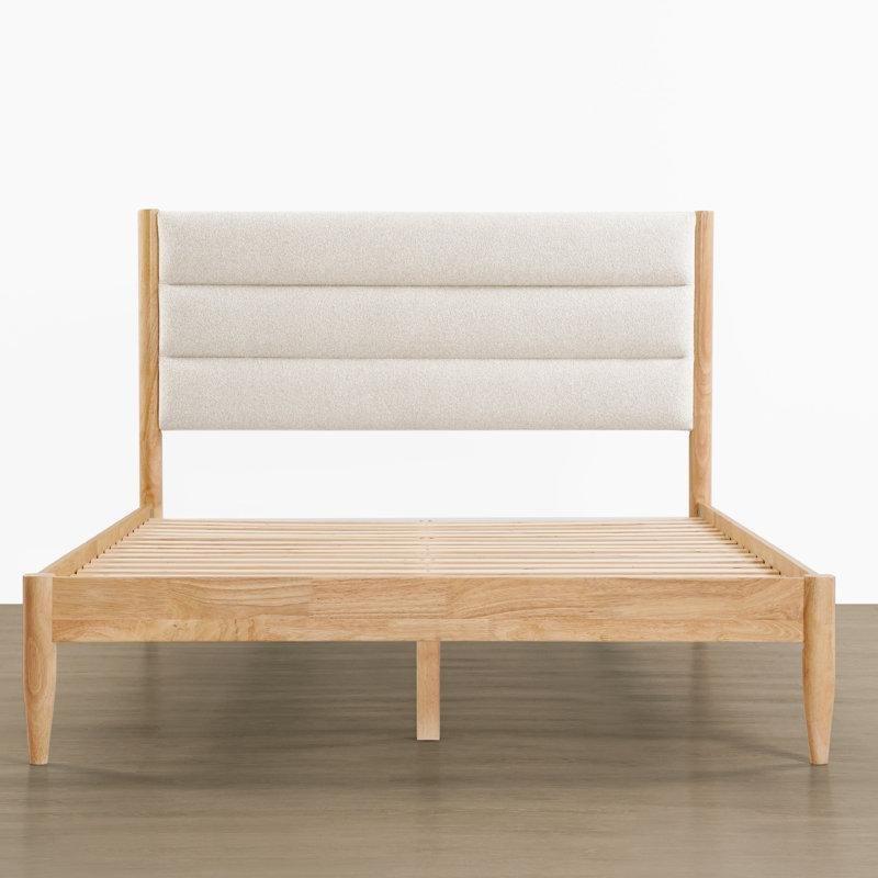 Krem Masif Ahşap Bukle Kumaş Döşemeli Başlıklı Karyola - 164x217 cm - 143395