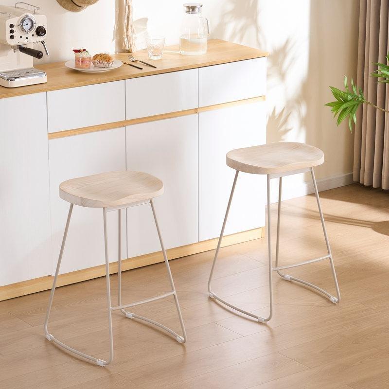 Krem Metal Ayaklı Bej Masif Karaağaç Eyer Oturaklı Bar Sandalyesi 2li Set - 65 cm - 148203