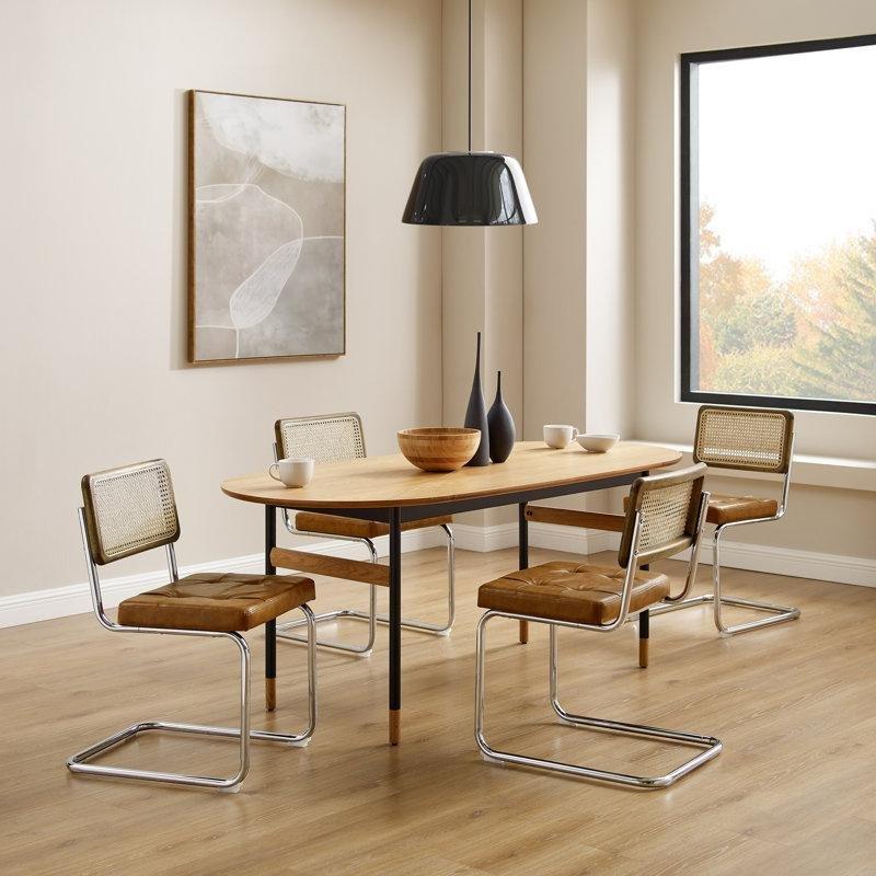 Krom Ayaklı Suni Deri Kapitoneli El Örgüsü Rattan Sandalye 4lü Set - 146331