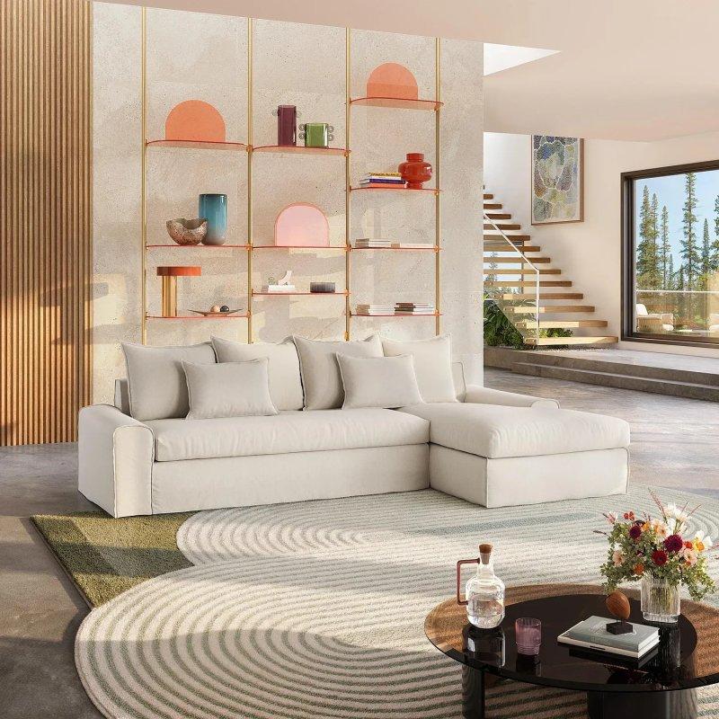 Kum Beji Pamuk ve Keten Kumaşlı Kuş Tüyü Dolgulu Kılıfı Çıkarılabilir Sağ Köşe Koltuk - 303 cm - 154413