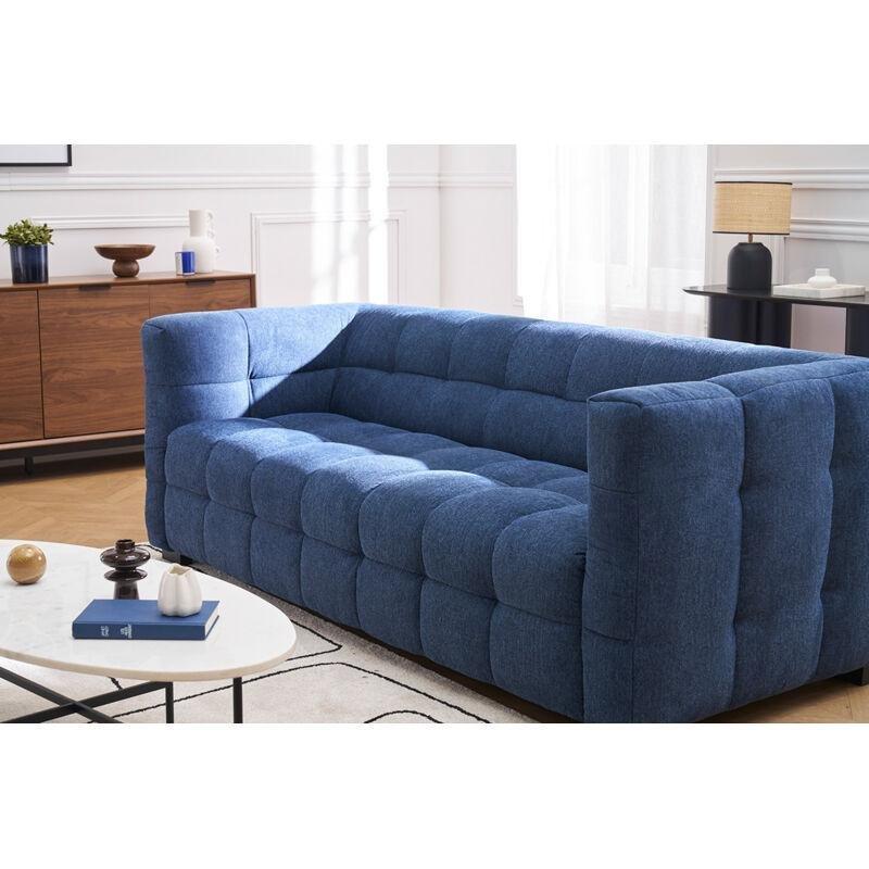 Lacivert Dokulu Kadife Kumaş Masif Kauçuk Ağacı Ayaklı 3 Kişilik Koltuk - 210 cm - 153397