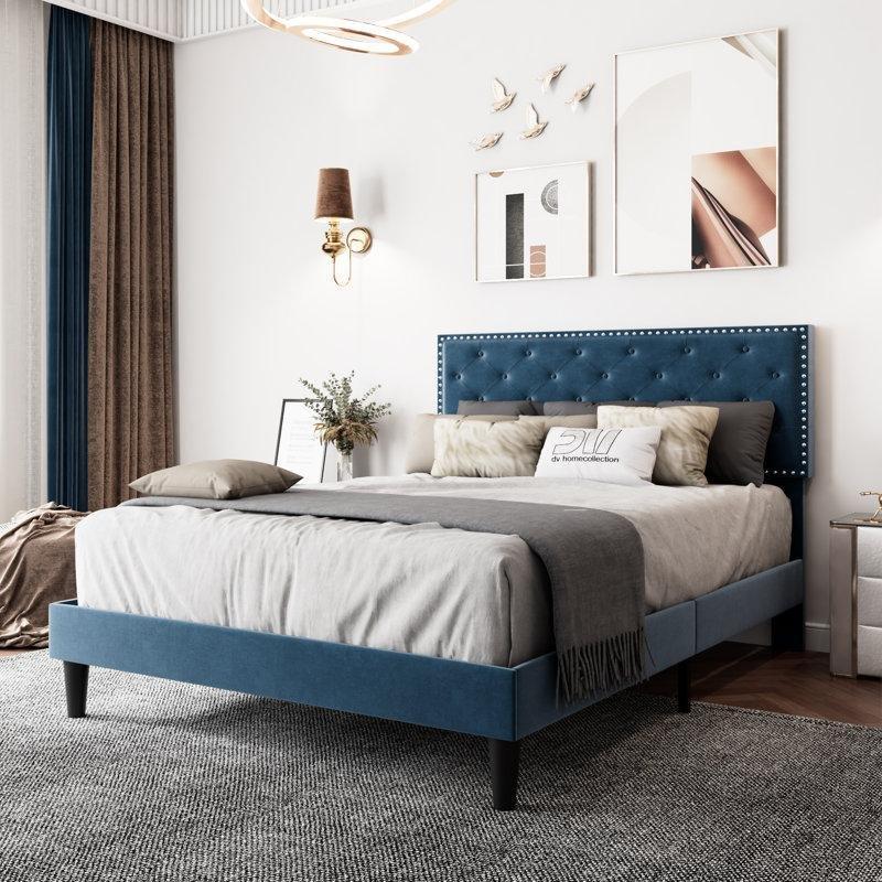 Lacivert Kadife Kapitoneli Ayarlanabilir Başlıklı Platform Karyola - 145077