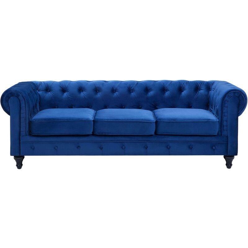 Lacivert Kadife Kapitoneli Chesterfield 3 Kişilik Koltuk - 201 cm - 152577