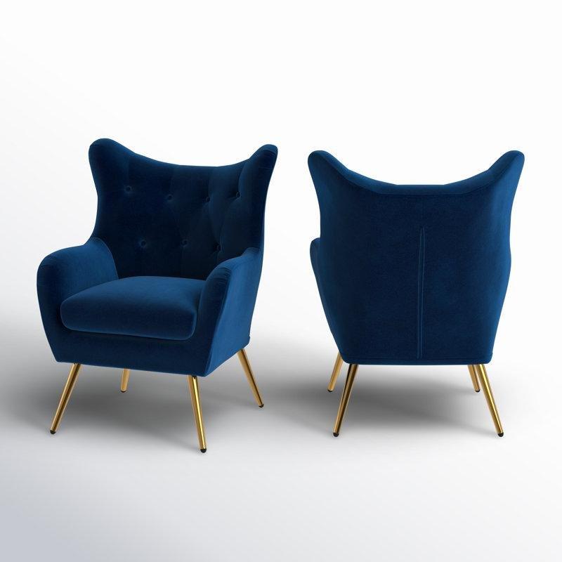 Lacivert Kadife Kapitoneli Gold Metal Ayaklı 2'li Set Berjer Koltuk - 75 cm - 156592