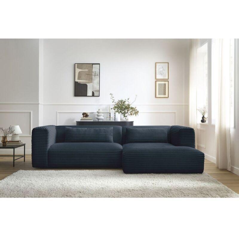 Lacivert Kalın Fitilli Kadife Kumaş Geniş Kolçaklı Modern Köşe Koltuk - 273x174 cm - 153188