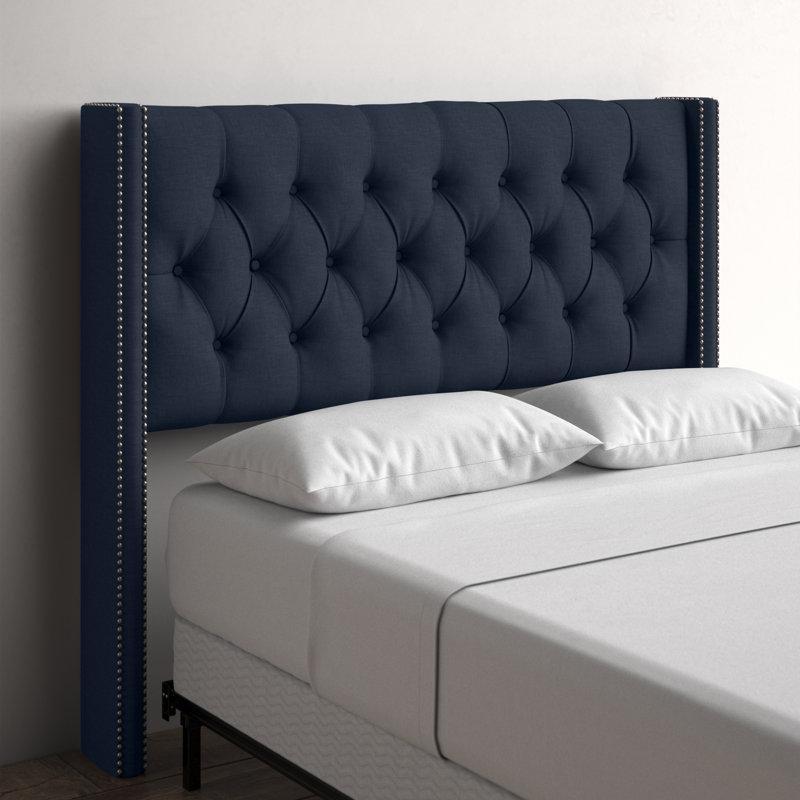 Lacivert Keten Kumaş Masif Ahşap Kulaklı Düğme Kapitoneli Yatak Başlığı - 211 cm - 145044