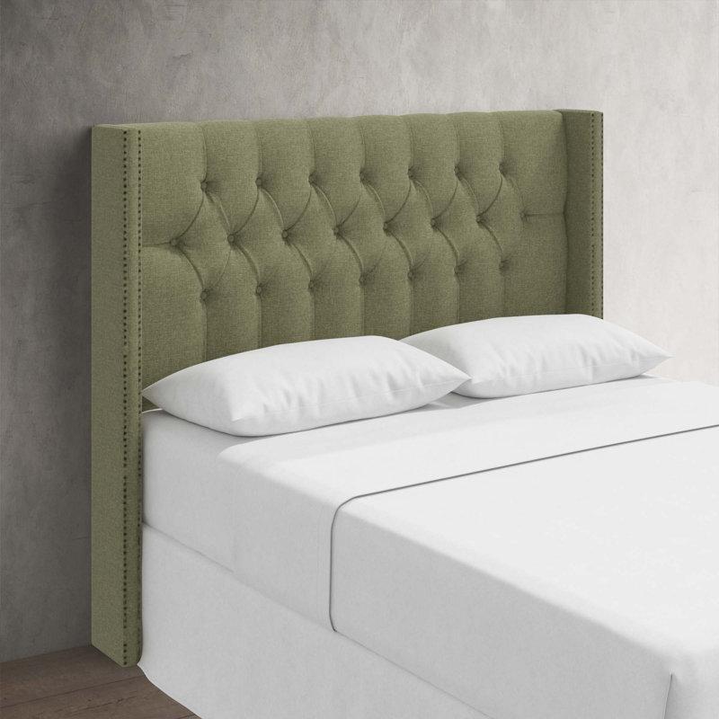 Lacivert Kumaş Düğme Kapitoneli Zımba Detaylı Kulaklı Yatak Başlığı - 211 cm - 145008