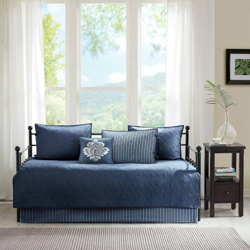 Lacivert Mikrofiber Çift Taraflı Kapitoneli Daybed Karyola Örtü Seti - 99x191 cm - 142717