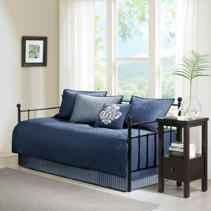 Lacivert Mikrofiber Çift Taraflı Kapitoneli Daybed Karyola Örtü Seti - 99x191 cm - 142717