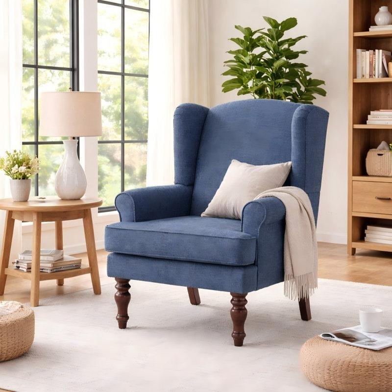 Lacivert Polyester Kumaş Oymalı Ahşap Ayaklı Kulaklı Berjer Koltuk - 156673