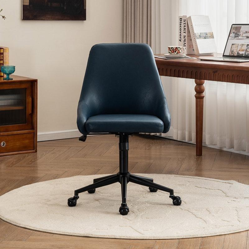 Lacivert Suni Deri Dolgulu Yüksekliği Ayarlanabilir Tekerlekli Döner Sandalye - 145851