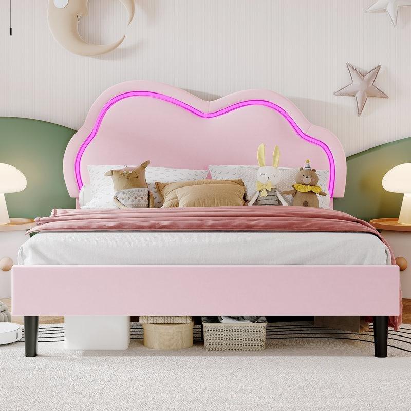 LED Aydınlatmalı Bulut Başlıklı Kadife Döşemeli Ahşap Karyola - 100x200 cm - 142894