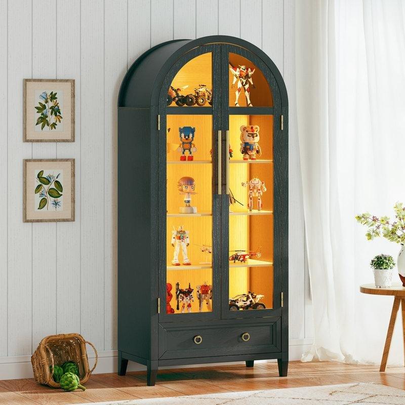 LED Aydınlatmalı ve Sensörlü Masif ve MDF Ahşap Kemerli Vitrin - Gümüşlük - 79x186 cm - 157234