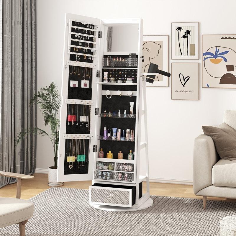 LED Işıklı 360° Dönebilen Kilitli Boy Aynalı Masif Ahşap Takı Dolabı - 163x55 cm - 145245