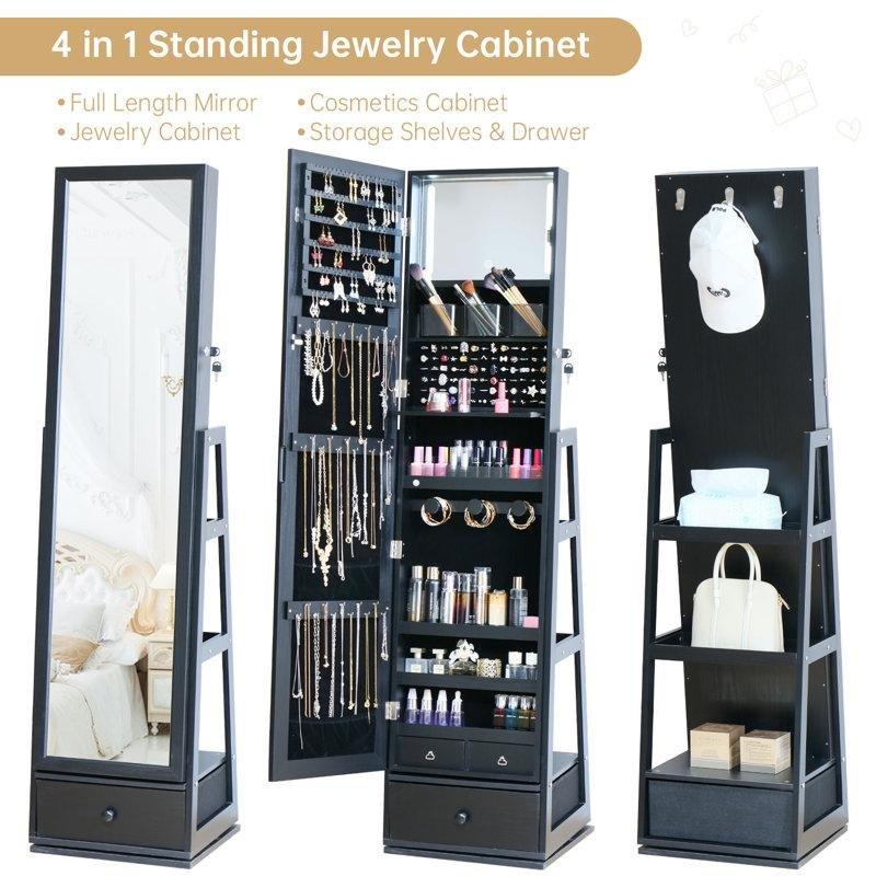 LED Işıklı Dönebilen Ahşap Boy Aynalı Takı Dolabı - 161 cm - 145308