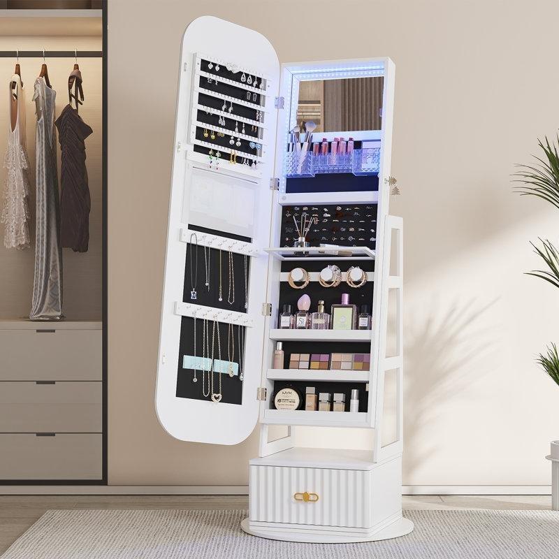LED Işıklı Döner Tabanlı Kilitli Ahşap Boy Aynalı Takı Dolabı - 162 cm - 145230