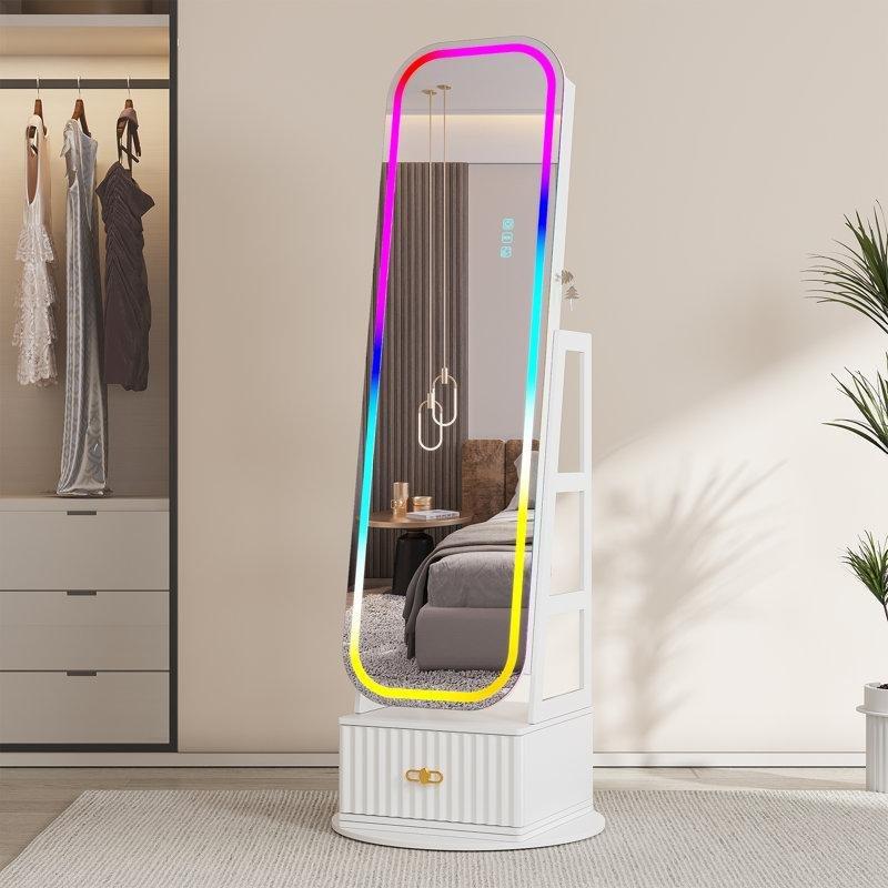 LED Işıklı Döner Tabanlı Kilitli Ahşap Boy Aynalı Takı Dolabı - 162 cm - 145230