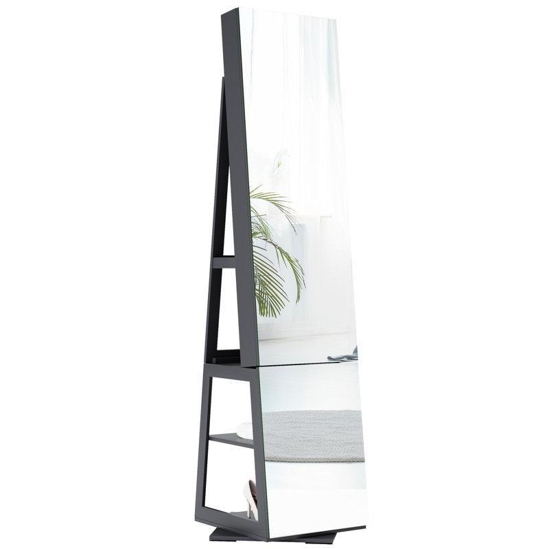 LED Işıklı Endüstriyel Ahşap Dönebilen Kilitli Boy Aynalı Takı Dolabı - 161x41 cm - 145158