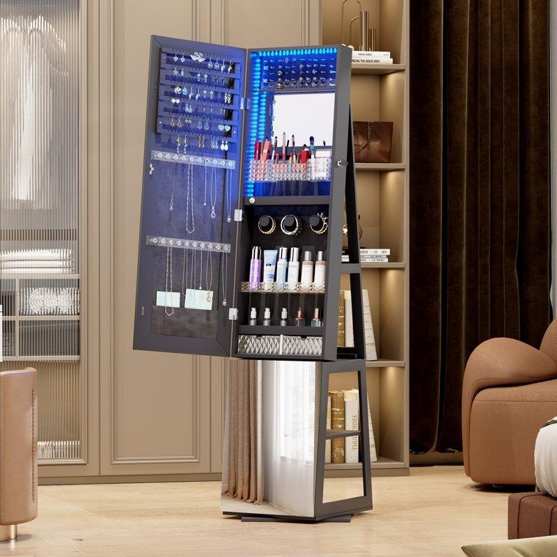 LED Işıklı Endüstriyel Ahşap Dönebilen Kilitli Boy Aynalı Takı Dolabı - 161x41 cm - 145158