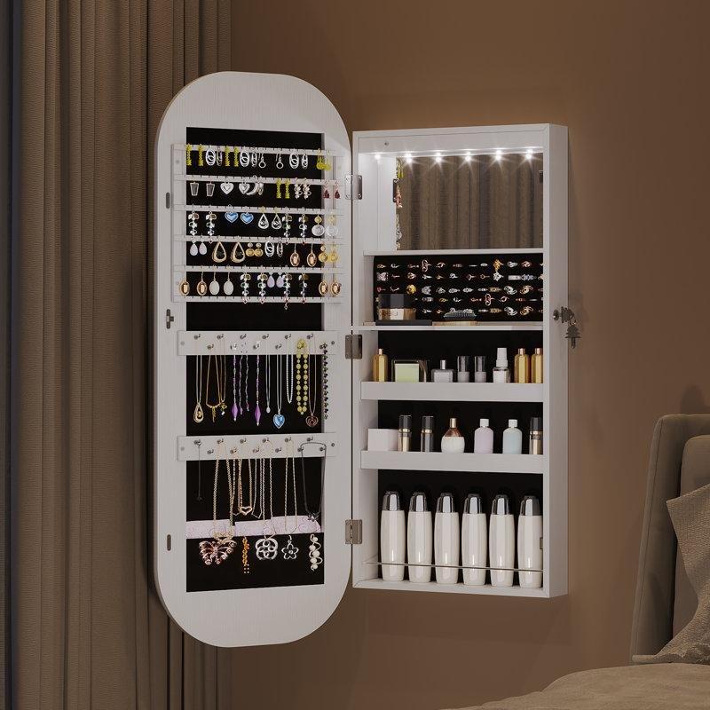 LED Işıklı Kilitli Boy Aynalı Endüstriyel Ahşap Takı Dolabı - 108x40 cm - 145392