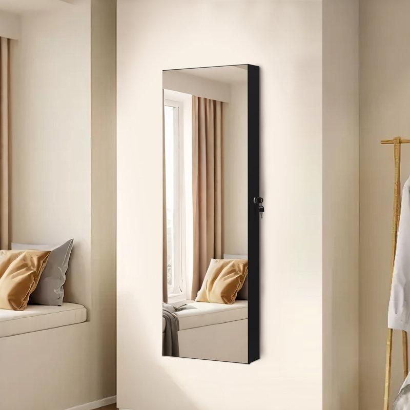LED Işıklı Kilitli Endüstriyel Ahşap Aynalı Takı Dolabı, Duvara Monte ve Kapıya Asılan - 38x111 cm - 145173