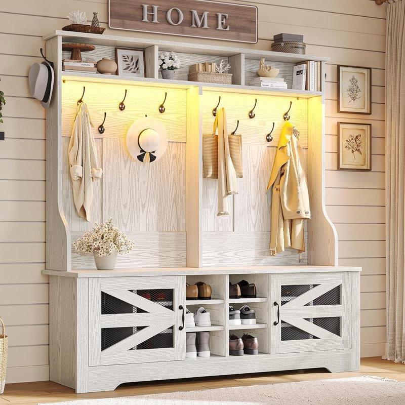 LED Işıklı Oturaklı Ayakkabılıklı Ahşap Portmanto Vestiyer - 151 cm - 159844